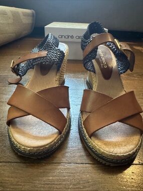 Andre Assous Tan and NavyLeather Espadrille Wedge Sandals